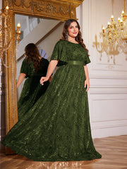 Rose Gold Sequin Flutter Sleeve Empire Waist A‑Line Plus Size Evening Gown