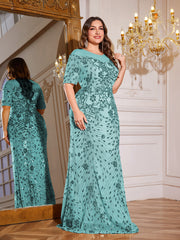 Teal Green Sequin Short Sleeve Mermaid Plus Size Evening Gown