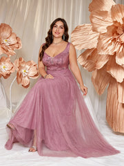 V-neck Long Sleeveless Sequined Embroidered Dress