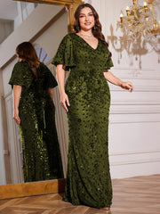 Royal Blue Sequin Flutter Sleeve Mermaid Evening Gown