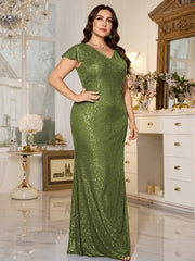 Teal Sequin Cap‑Sleeve Slit Sheath Plus Size Evening Gown