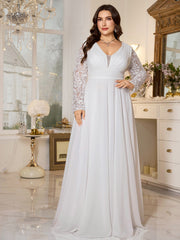 White Lace Long‑Sleeve High‑Waist A‑Line Plus Size Evening Gown