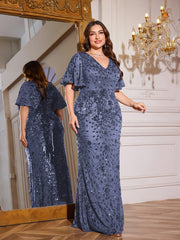 Royal Blue Sequin Flutter Sleeve Mermaid Evening Gown