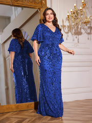 Royal Blue Sequin Flutter Sleeve Mermaid Evening Gown