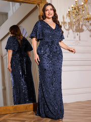 Royal Blue Sequin Flutter Sleeve Mermaid Evening Gown