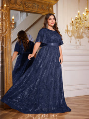 Rose Gold Sequin Flutter Sleeve Empire Waist A‑Line Plus Size Evening Gown