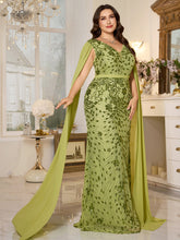 Avocado Green Floral Sequin V‑Neck Cape Sleeve Plus‑Size Mermaid Evening Gown