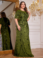 Teal Green Sequin Short Sleeve Mermaid Plus Size Evening Gown