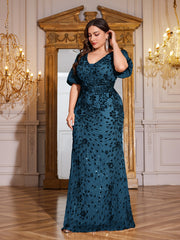 Navy Blue Sequin Puff Short Sleeve Mermaid Plus Size Evening Gown