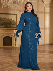 Champagne Bronze Floral Sequin Asymmetric Sleeve Mermaid Evening Gown