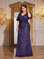 Navy Blue Sequin Puff Short Sleeve Mermaid Plus Size Evening Gown