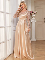 Champagne Gold Sequin Long Sleeve Wrap V Neck A-Line Satin Evening Gown