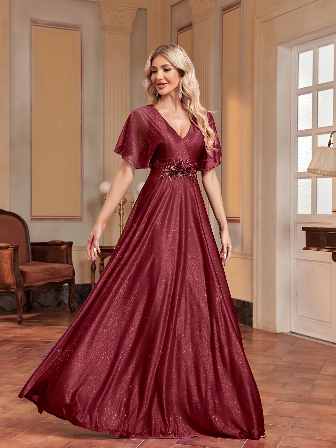 Flutter Sleeve Floral Decor Bridesmaid Dress | XUIBOL