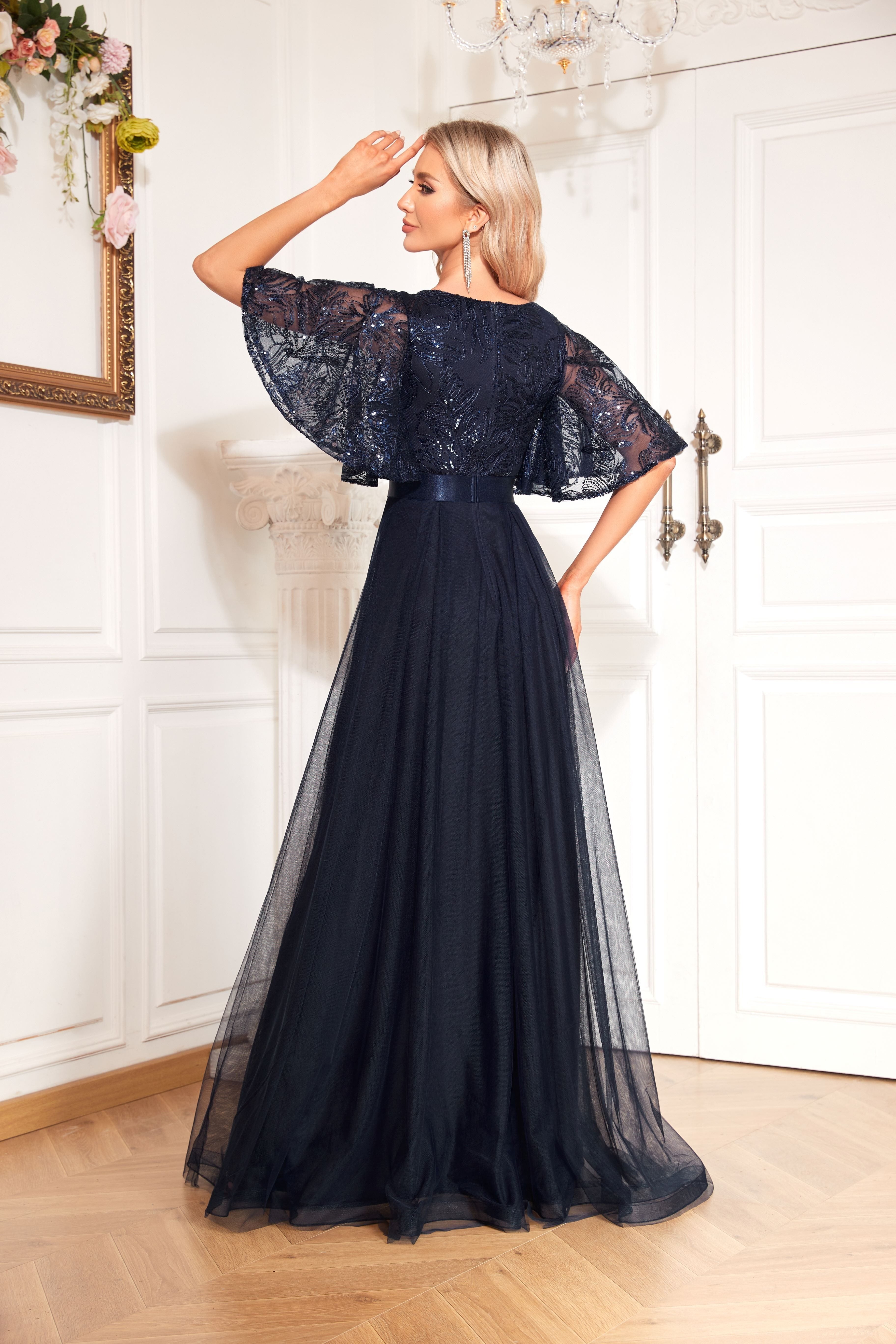 Solid Sequin  Cut Out Bridesmaid Dress, Elegant V Neck Short Sleeve Long Length Lace Dress | XUIBOL