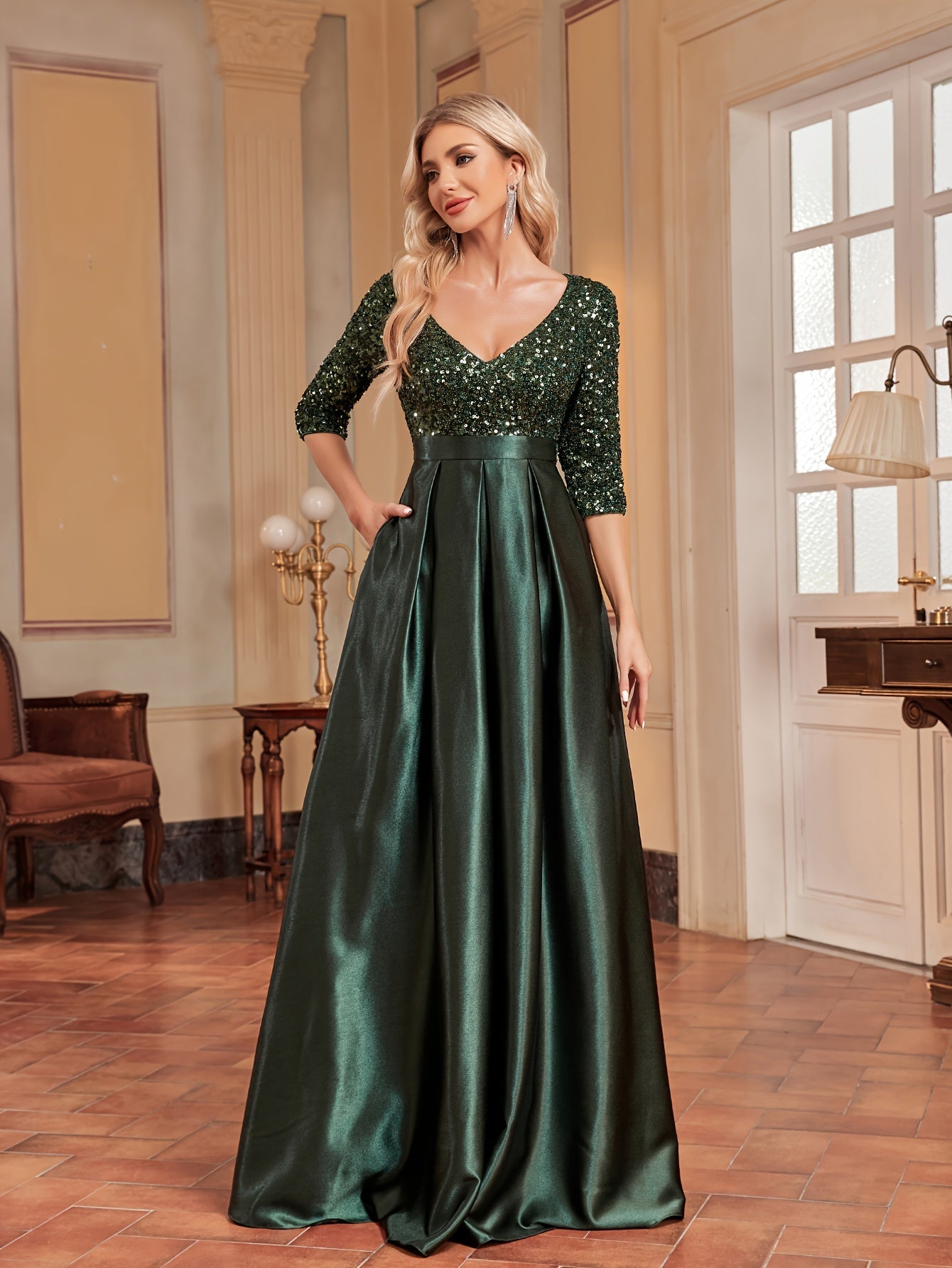 Sequined V-neck Splicing Dress | XUIBOL