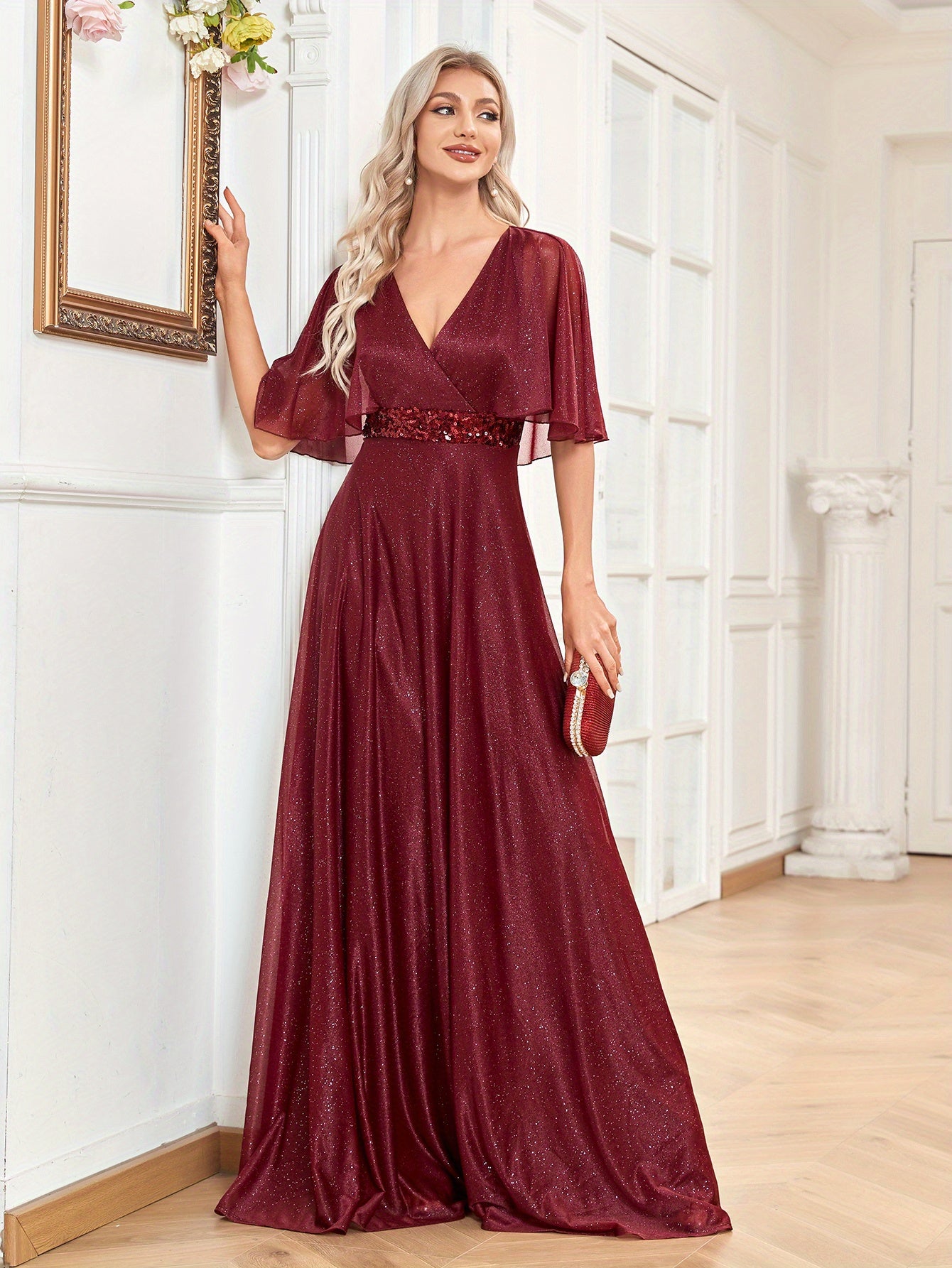 Cape Sleeve Sequin Bridesmaid Dress, Elegant Surplice Neck Floor Length Dress For Wedding Party | XUIBOL