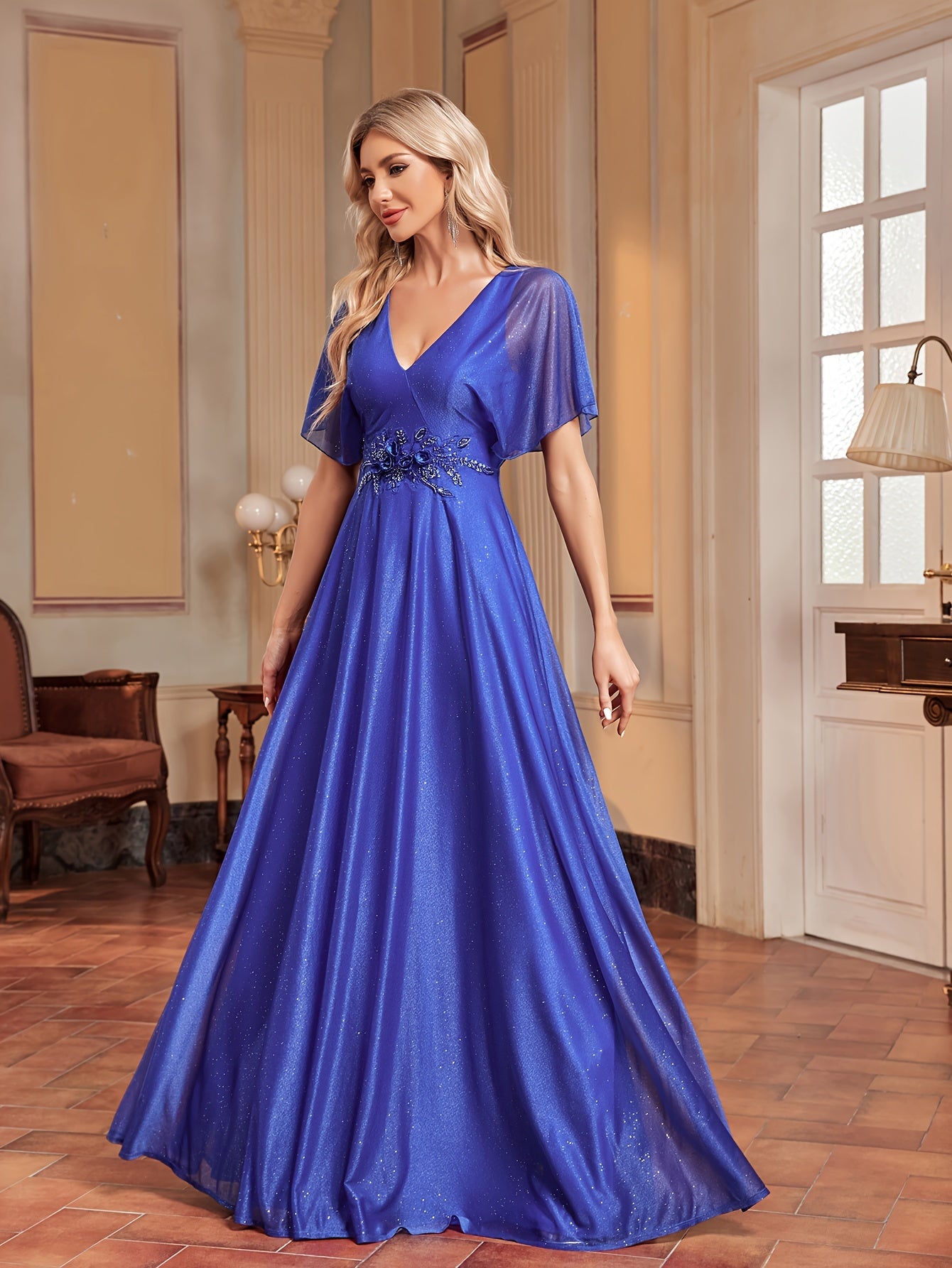 Flutter Sleeve Floral Decor Bridesmaid Dress | XUIBOL
