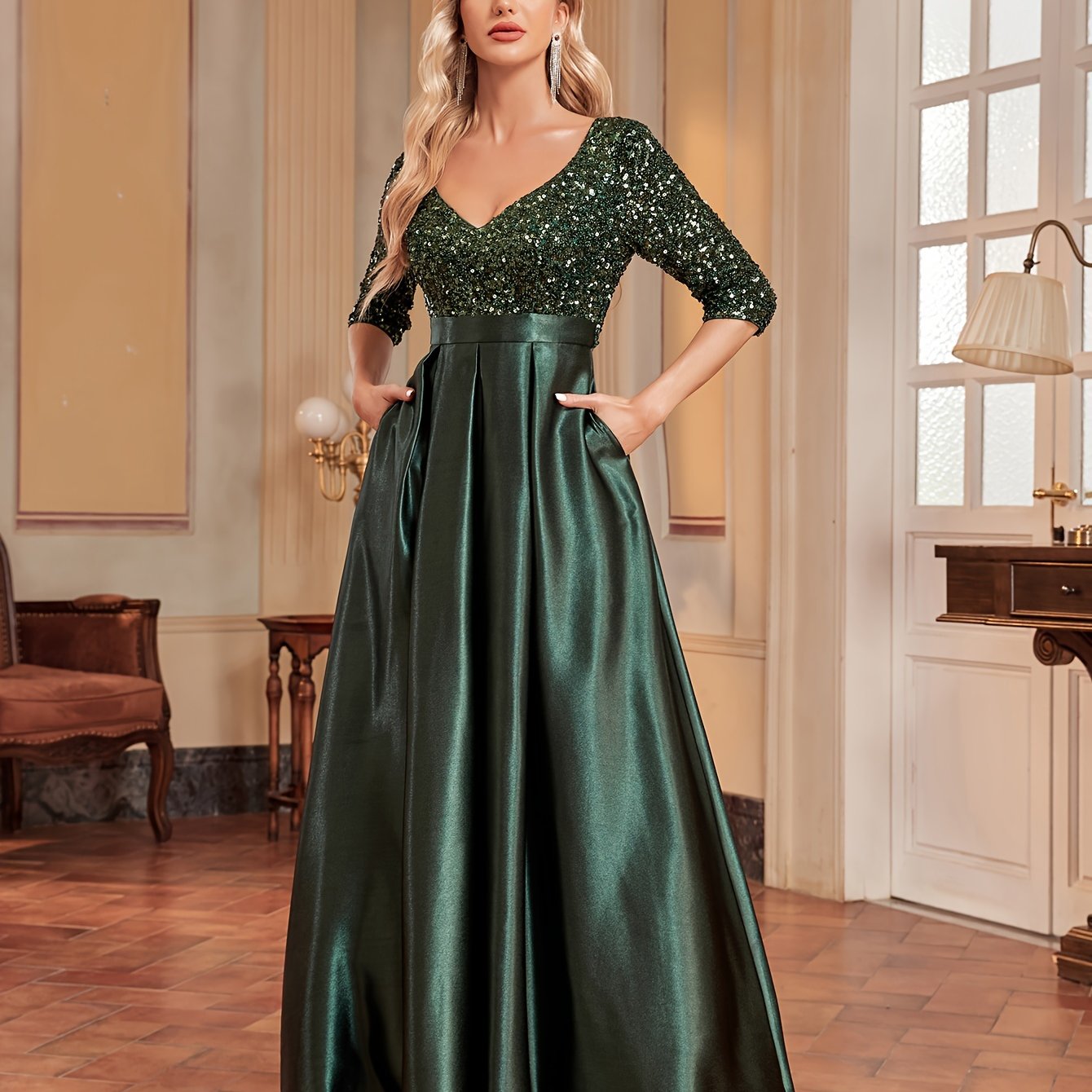 Sequined V-neck Splicing Dress | XUIBOL