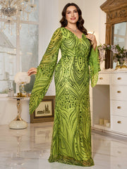 Lime‑Green Beaded Bell‑Sleeve Sheath Plus Size Evening Gown