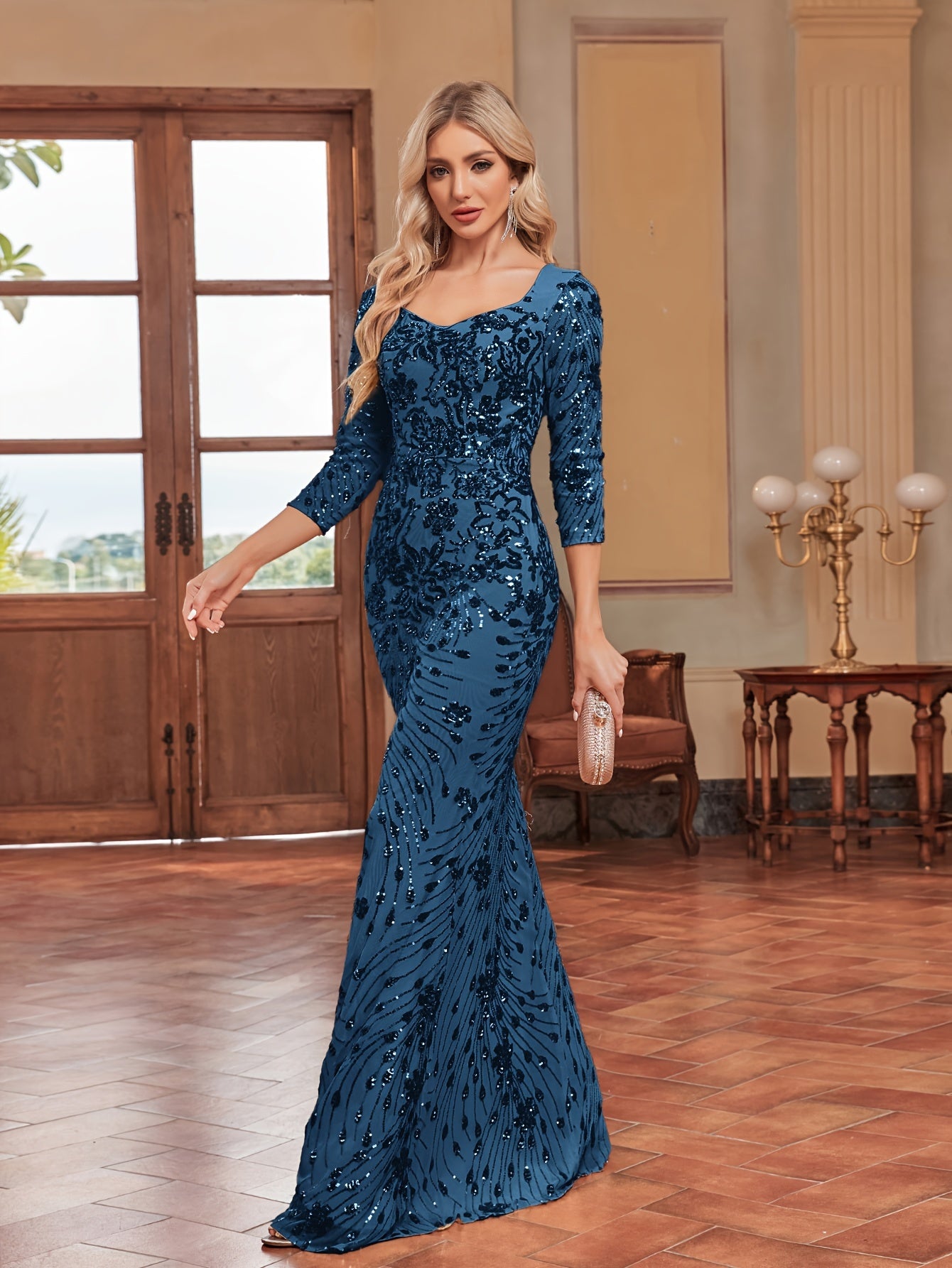 Sequin Decor Mermaid Bridesmaid Dress, Elegant Three-quarter Sleeve Slim Dress For Wedding Party | XUIBOL