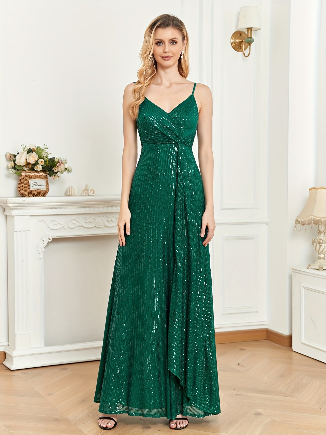Sequined Bridesmaid Strap Dress, Elegant Surplice Neck Twist Front Dress For Wedding Party | XUIBOL