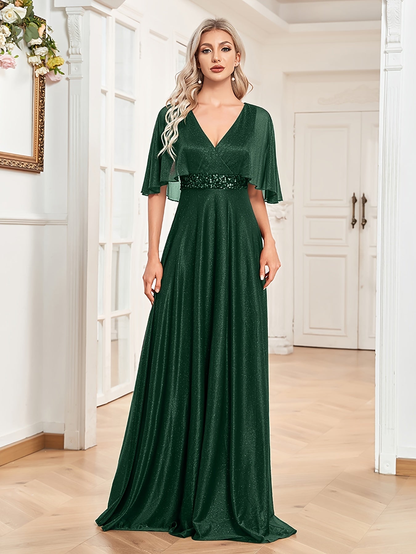 Cape Sleeve Sequin Bridesmaid Dress, Elegant Surplice Neck Floor Length Dress For Wedding Party | XUIBOL