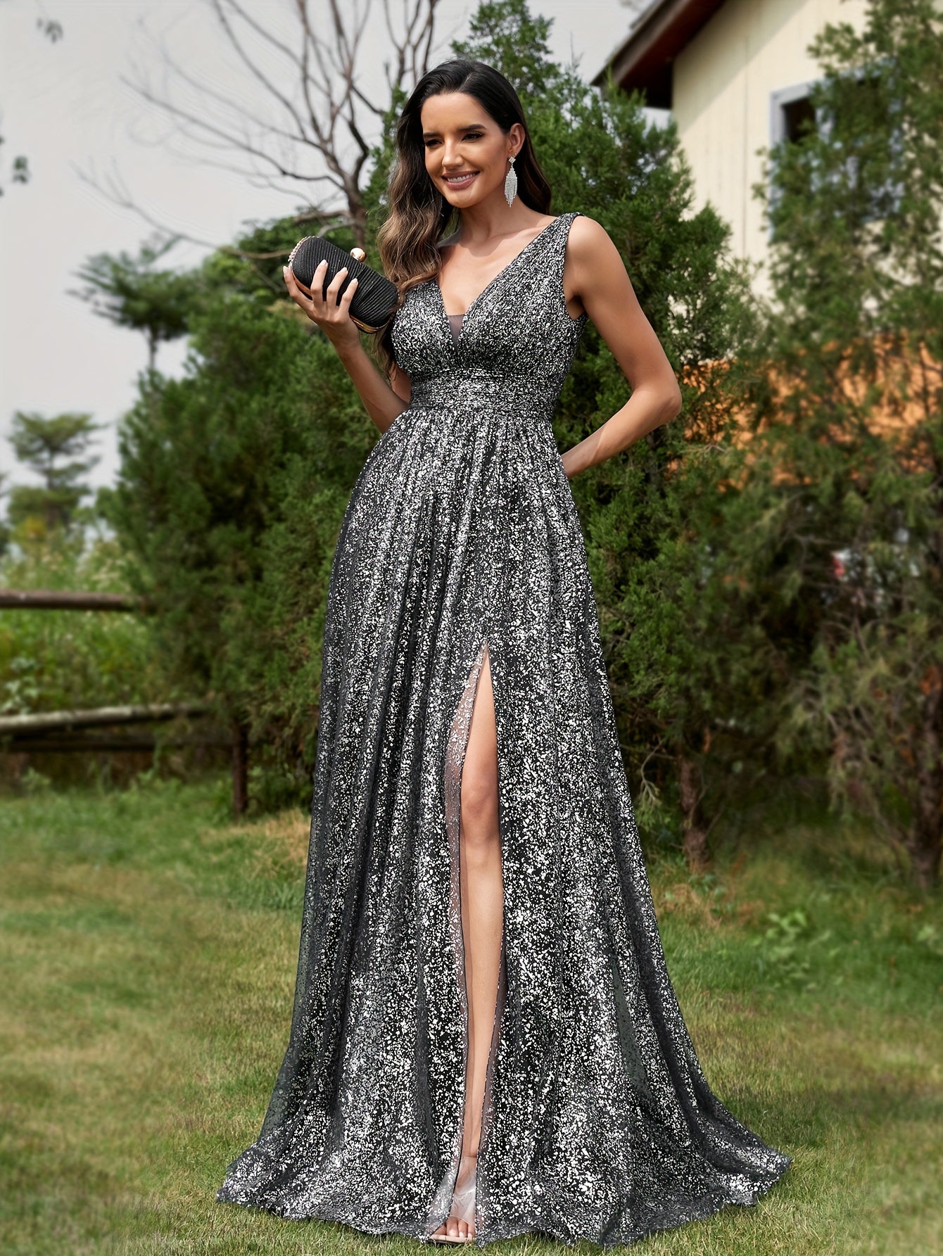 Plunge Neck A-line Tank Dress, Elegant Sleeveless Split Hem Floor Length Dress | XUIBOL