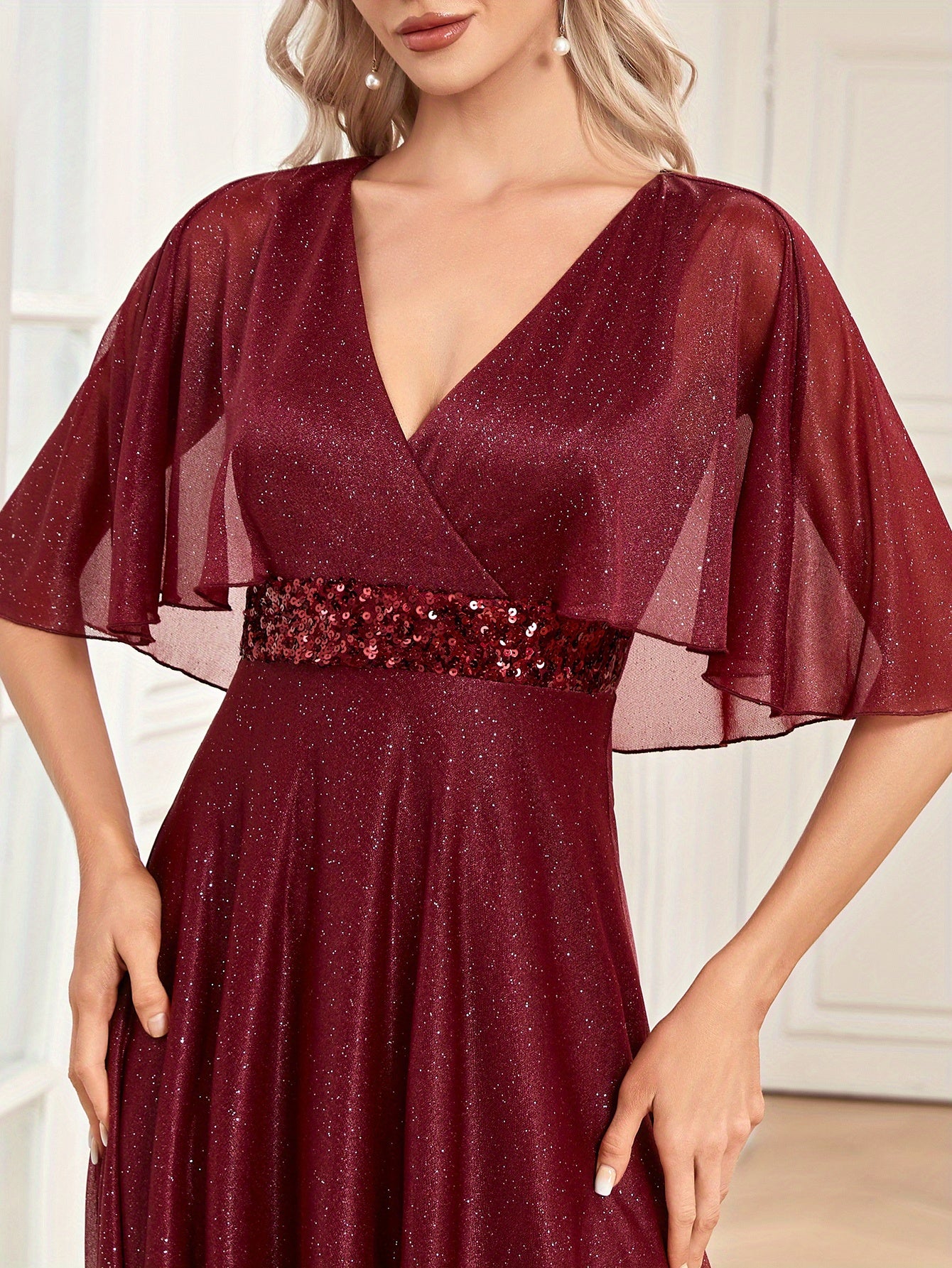 Cape Sleeve Sequin Bridesmaid Dress, Elegant Surplice Neck Floor Length Dress For Wedding Party | XUIBOL