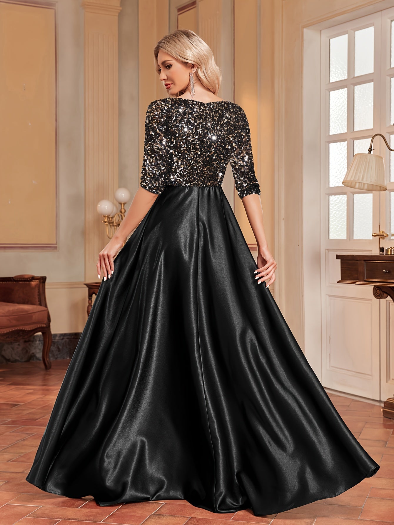 Sequined V-neck Splicing Dress | XUIBOL