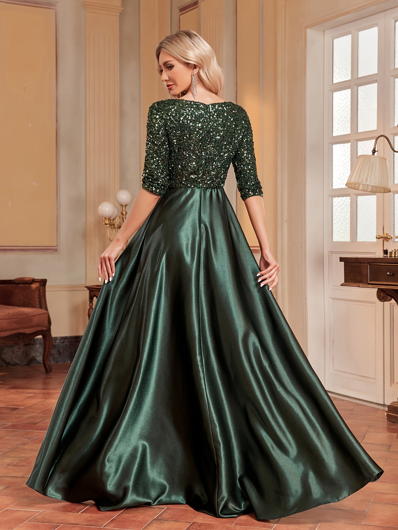 Sequined V-neck Splicing Dress | XUIBOL