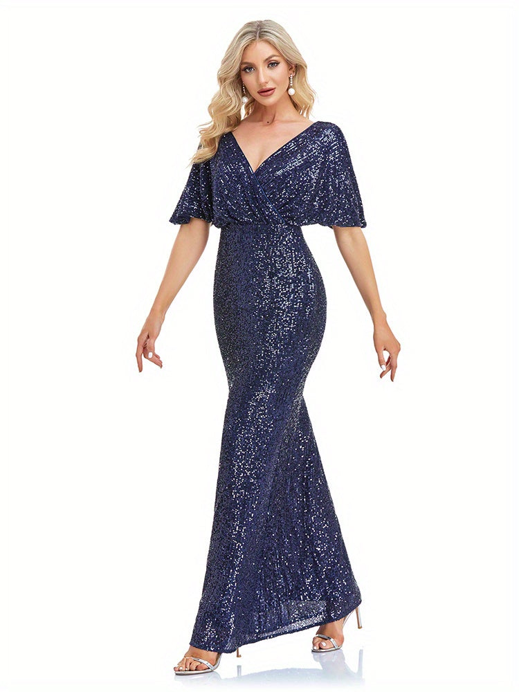 Solid Sequin Mother Of The Bride Dresses, Elegant Surplice Neck Short Sleeve Maxi Dress For Wedding Party | XUIBOL