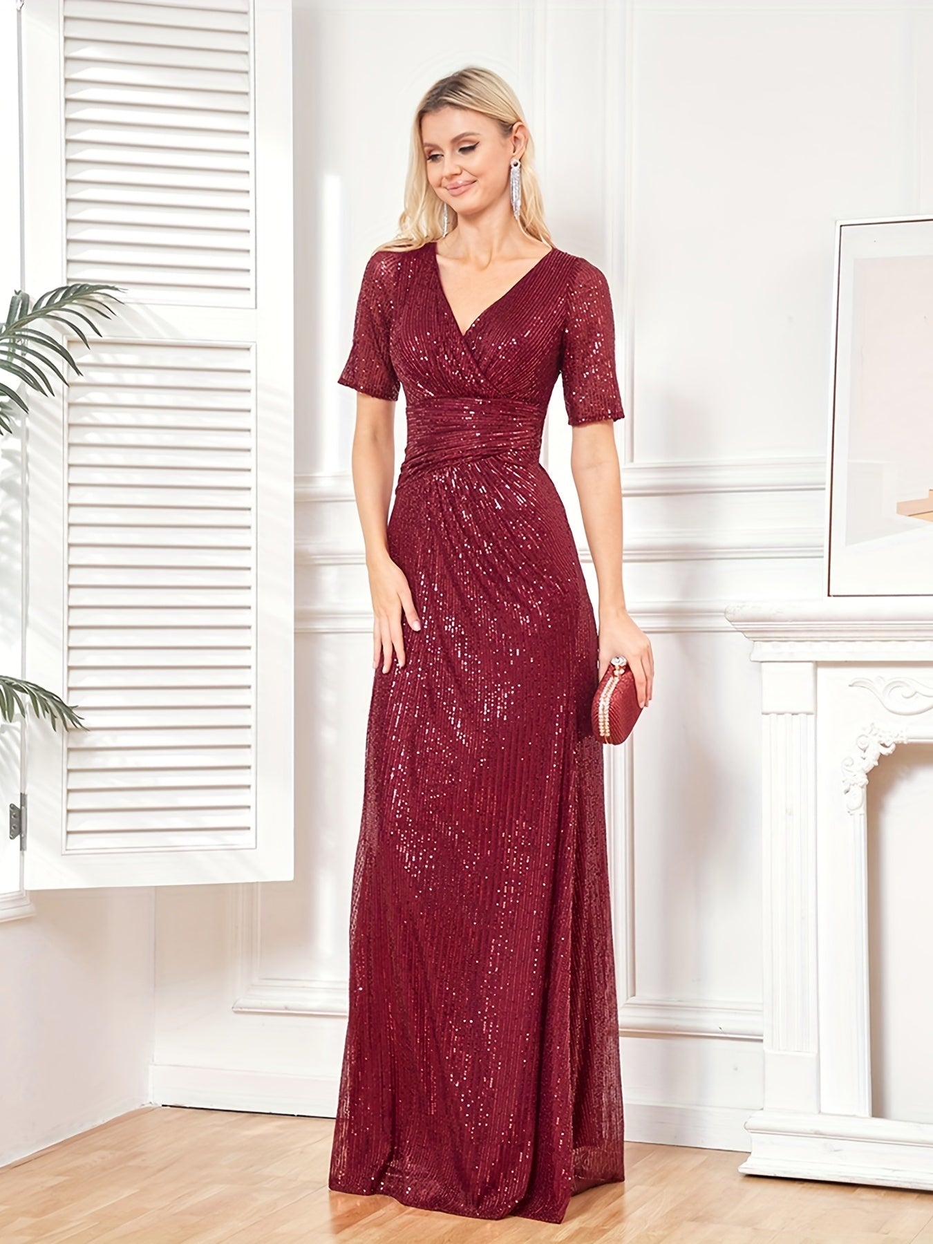 XUIBOL | Surplice Neck Sequin Bridesmaid Dress, Elegant Short Sleeve Dress For Wedding Party