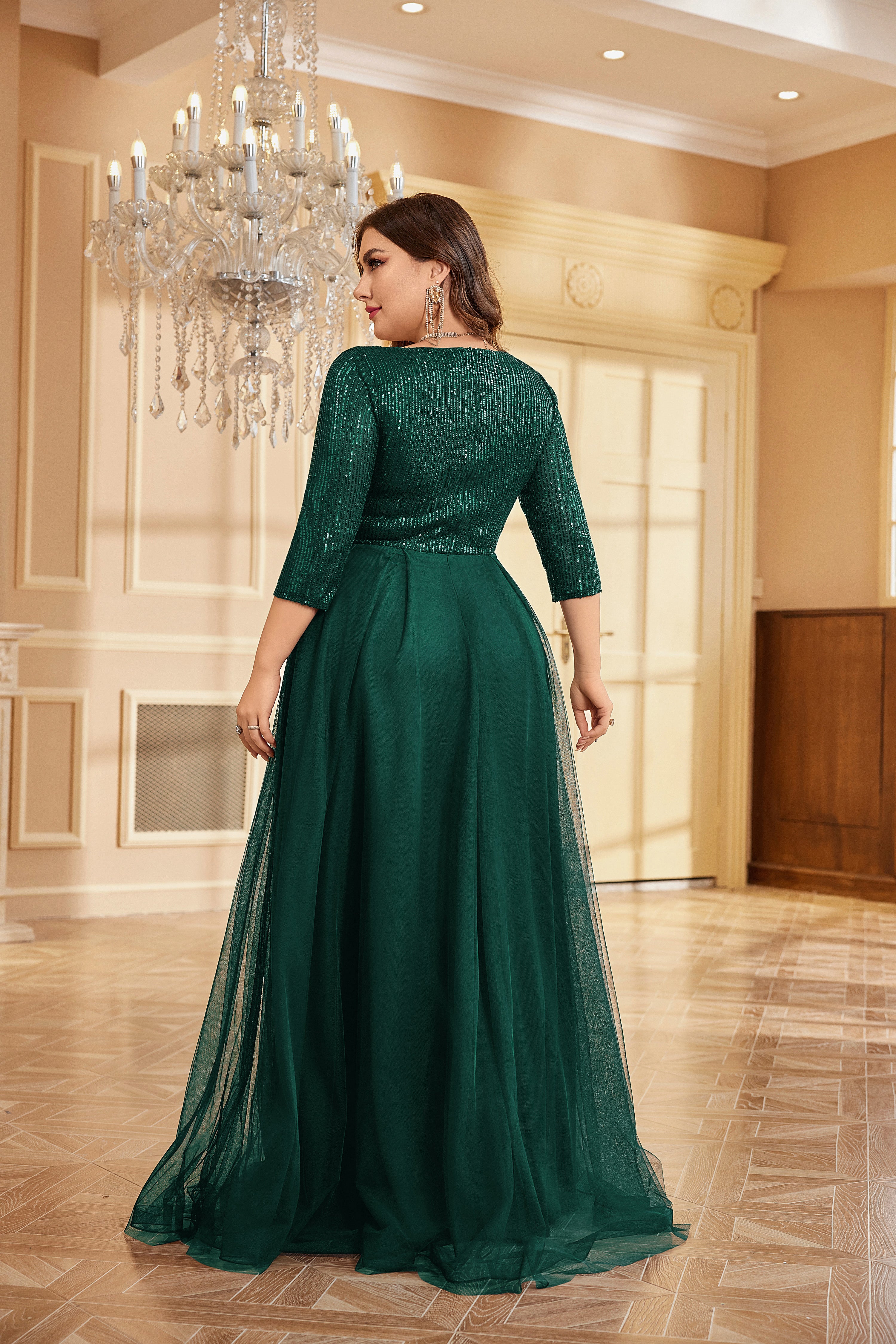 Plus Size Elegant VNeck Sequin Evening Dress | XUIBOL