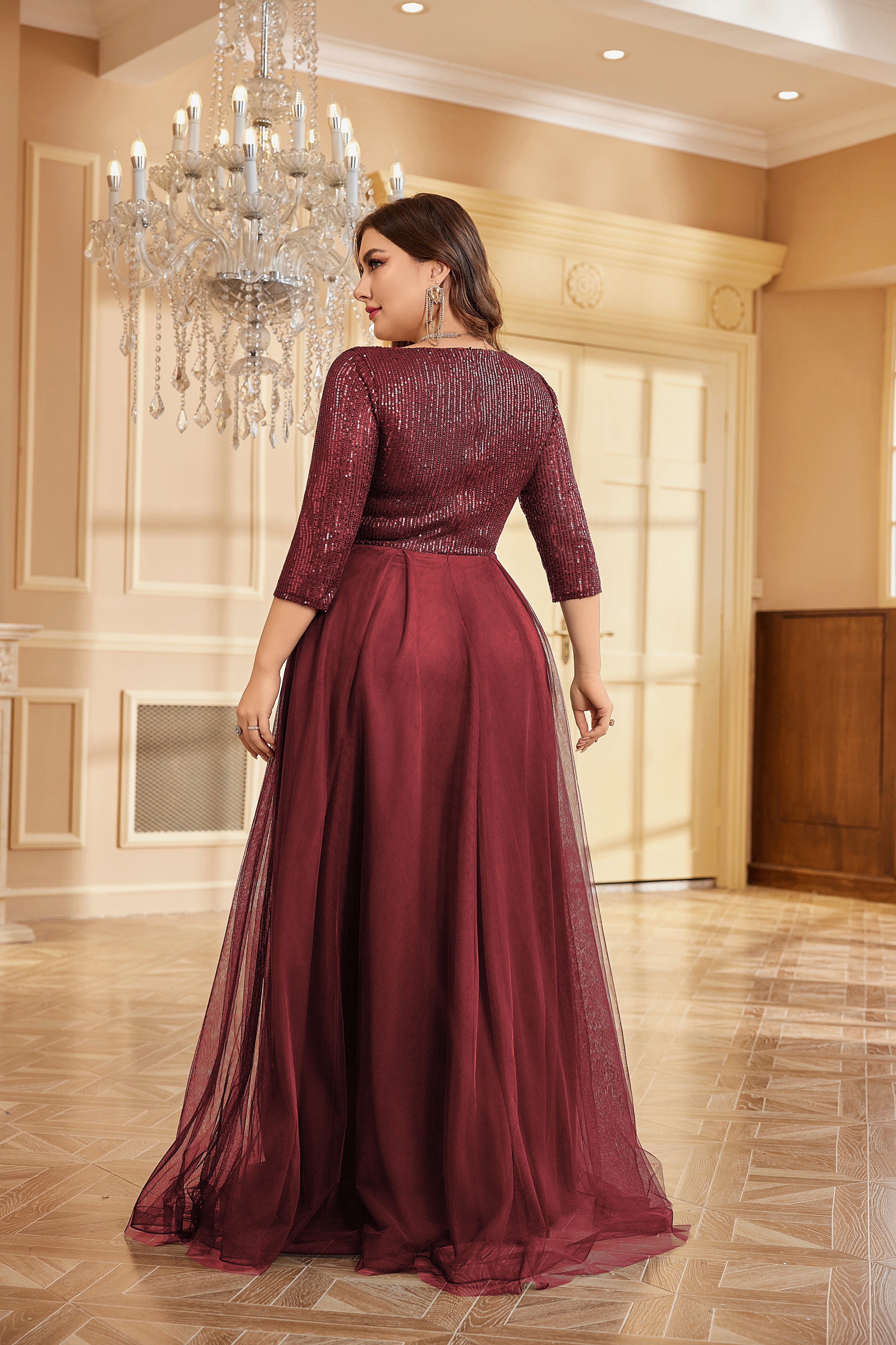 Plus Size Elegant VNeck Sequin Evening Dress | XUIBOL