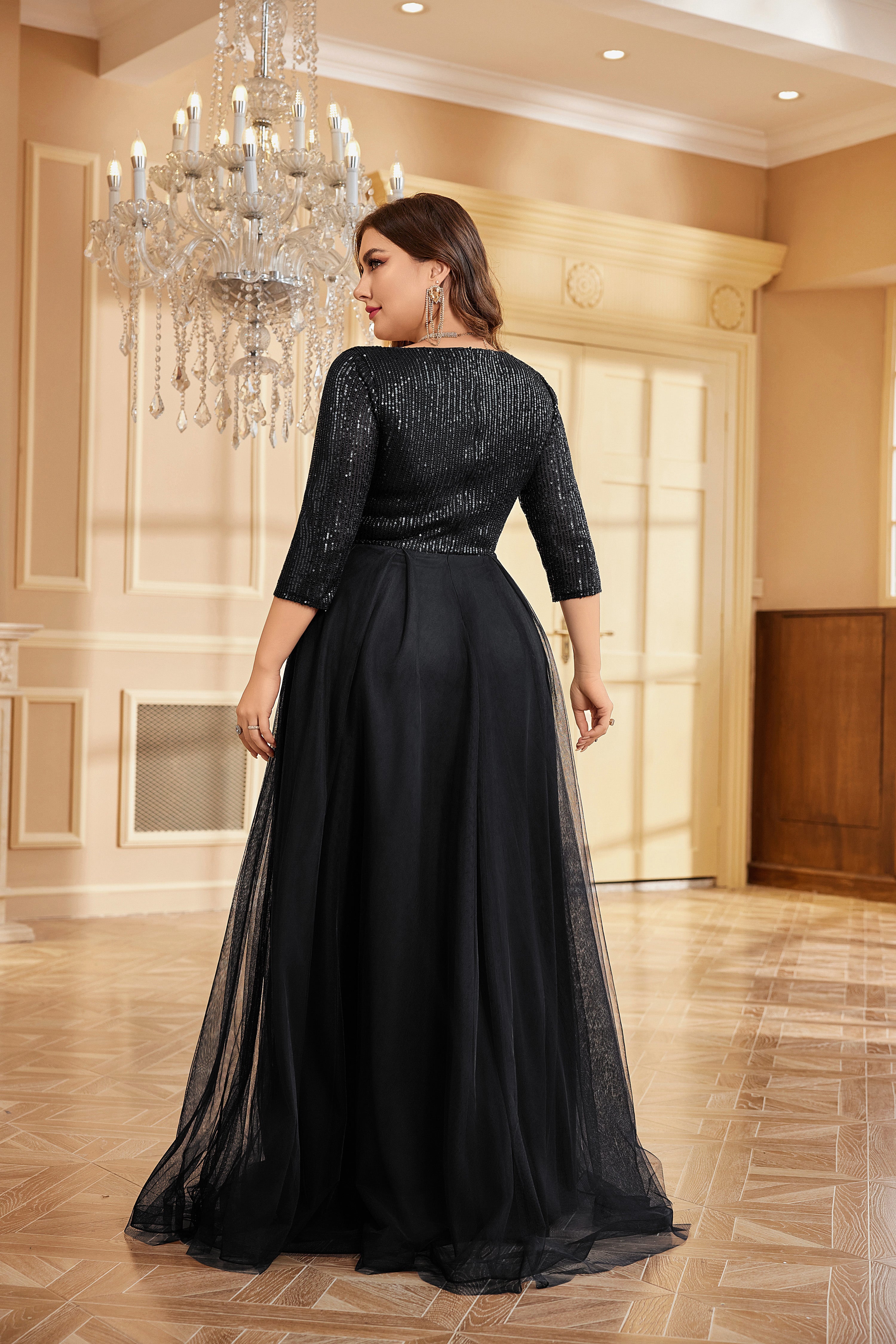 Plus Size Elegant VNeck Sequin Evening Dress | XUIBOL