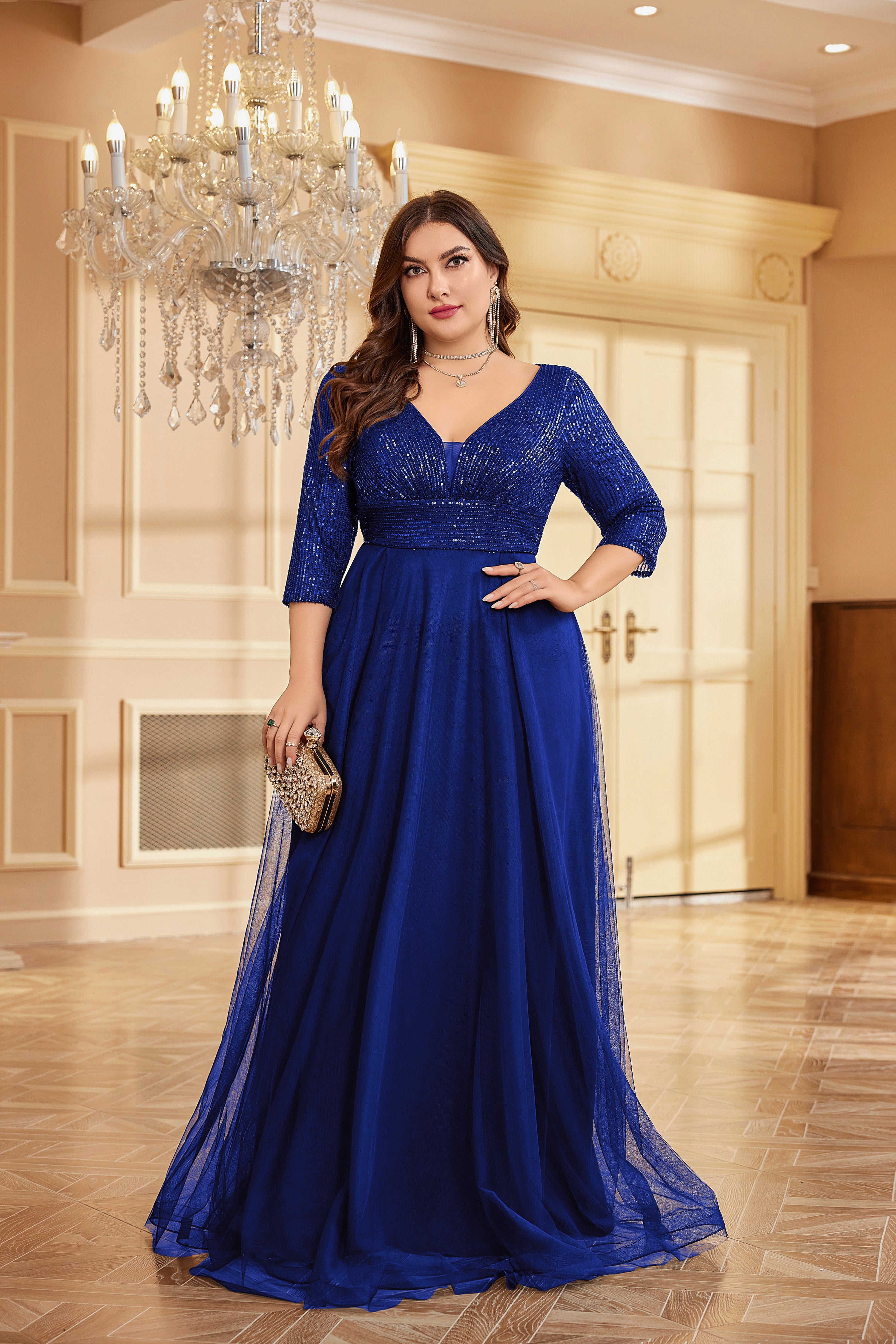 Plus Size Elegant VNeck Sequin Evening Dress | XUIBOL