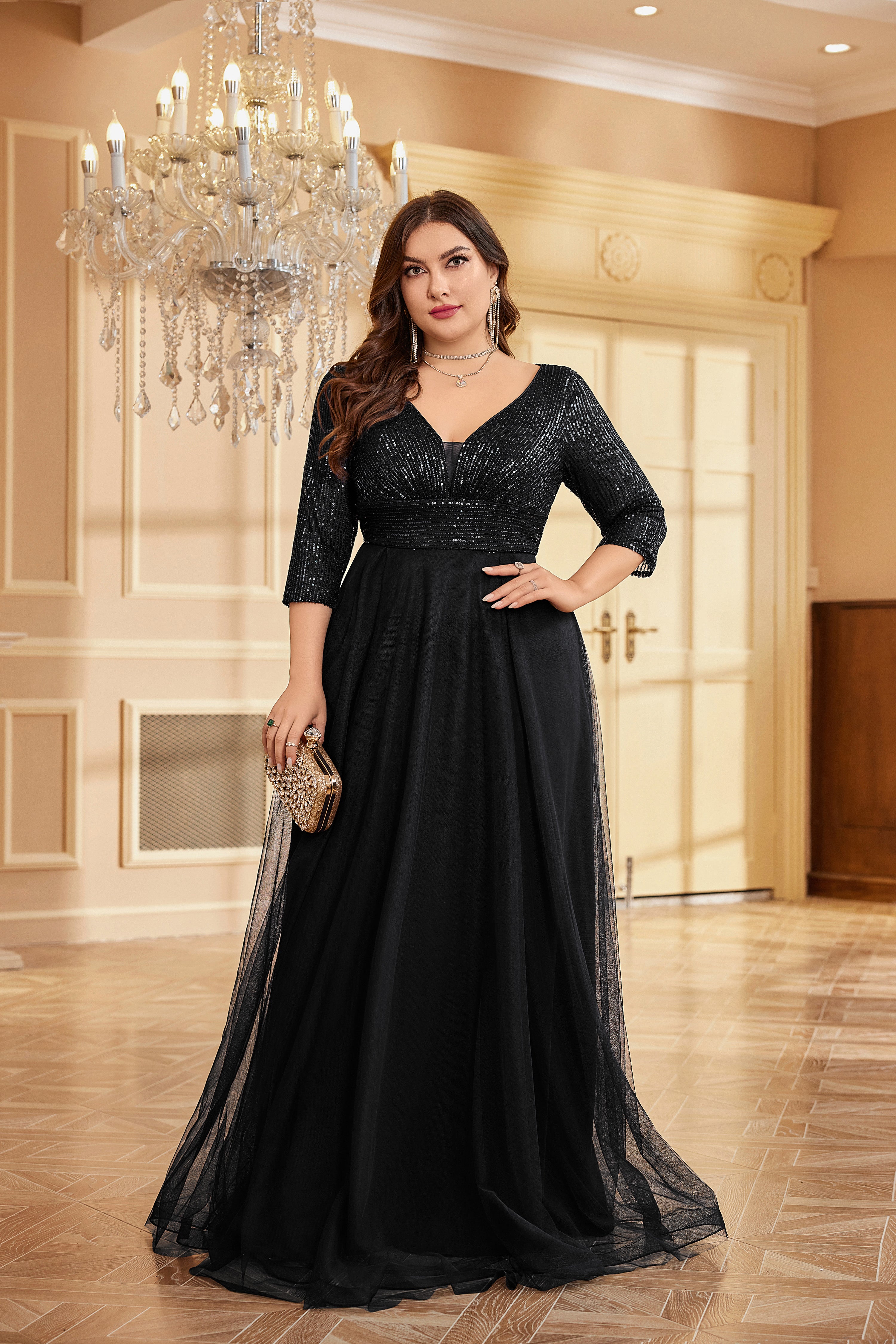 Plus Size Elegant VNeck Sequin Evening Dress | XUIBOL