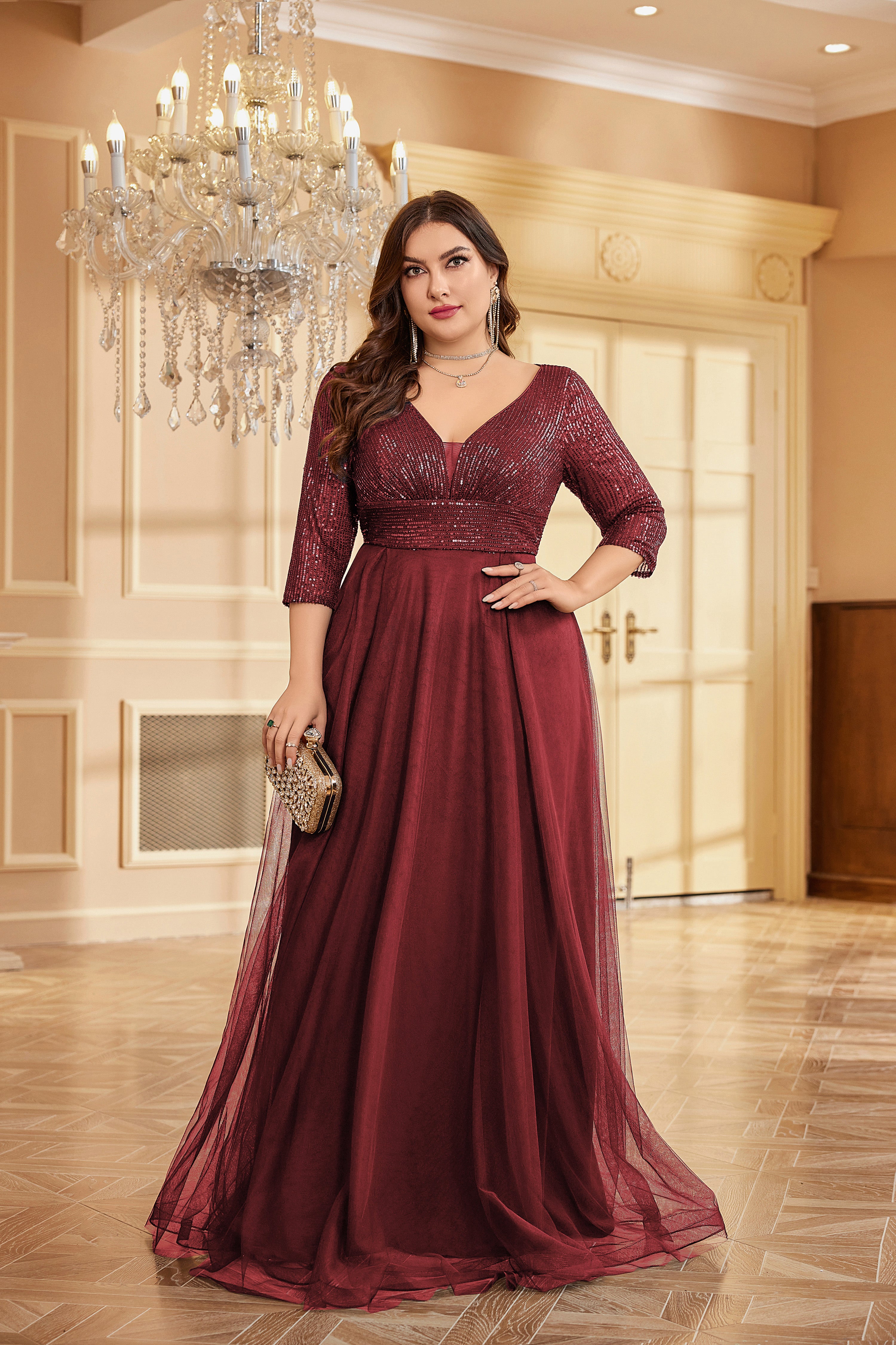 Plus Size Elegant VNeck Sequin Evening Dress | XUIBOL