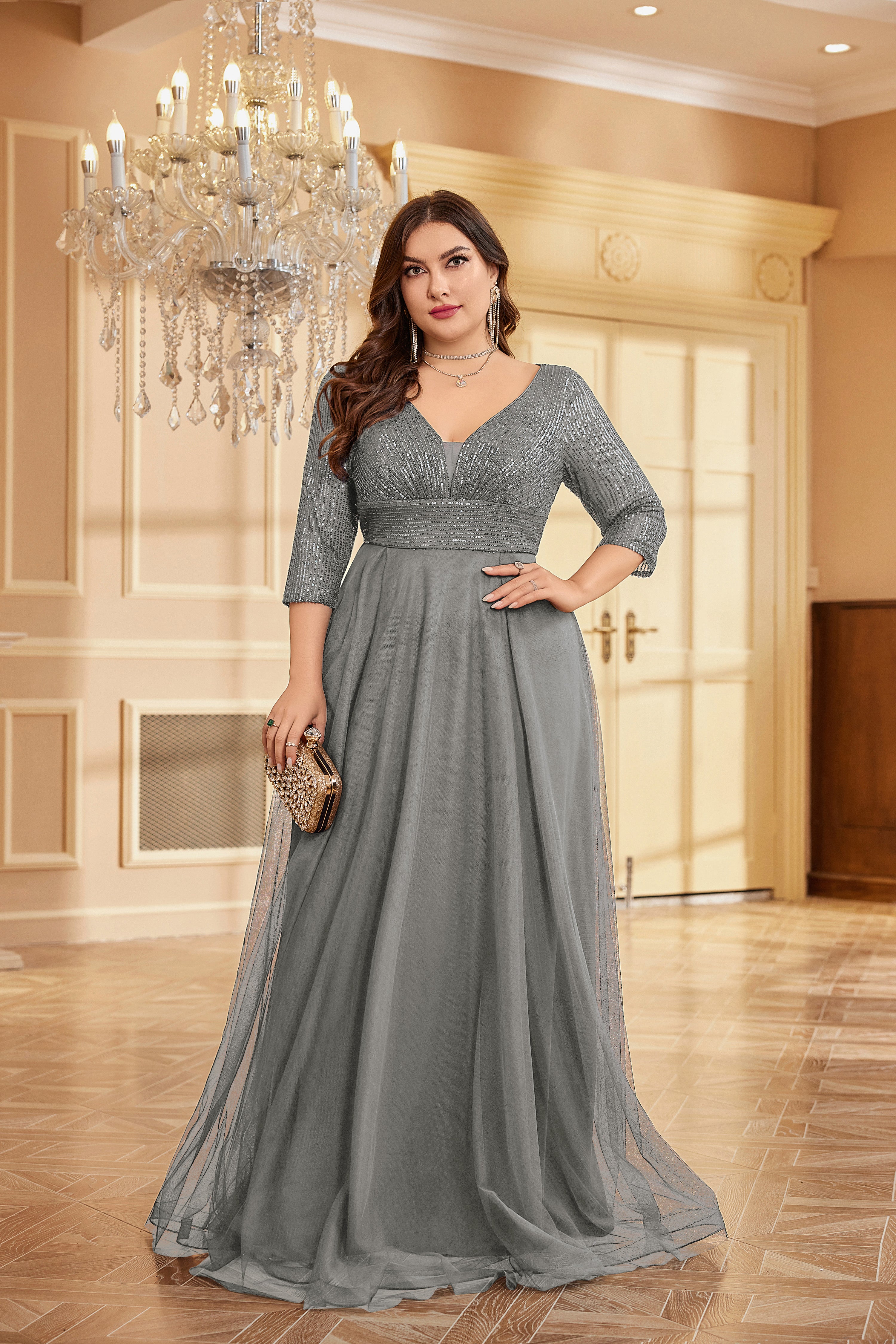 Plus Size Elegant VNeck Sequin Evening Dress | XUIBOL