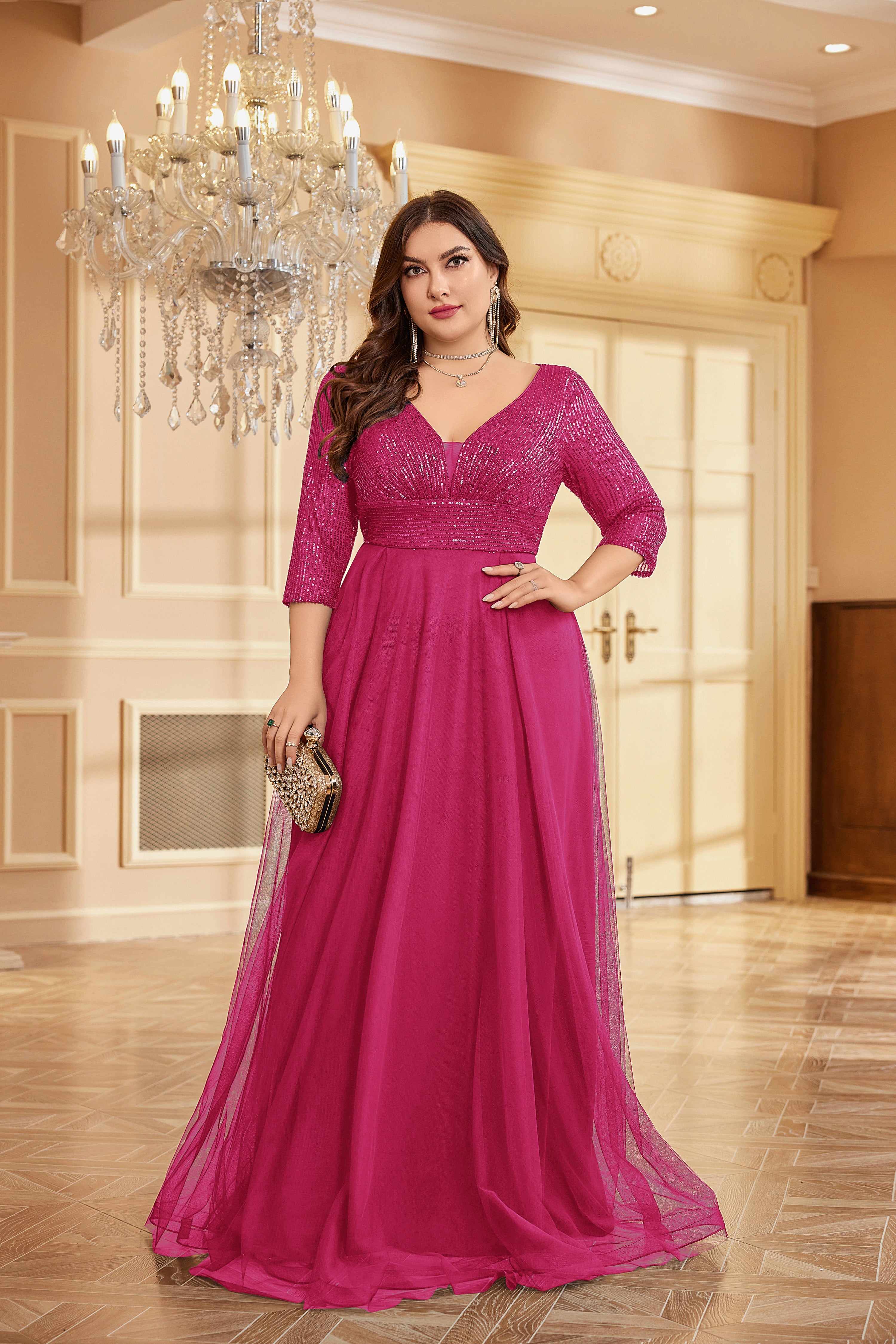 Plus Size Elegant VNeck Sequin Evening Dress | XUIBOL
