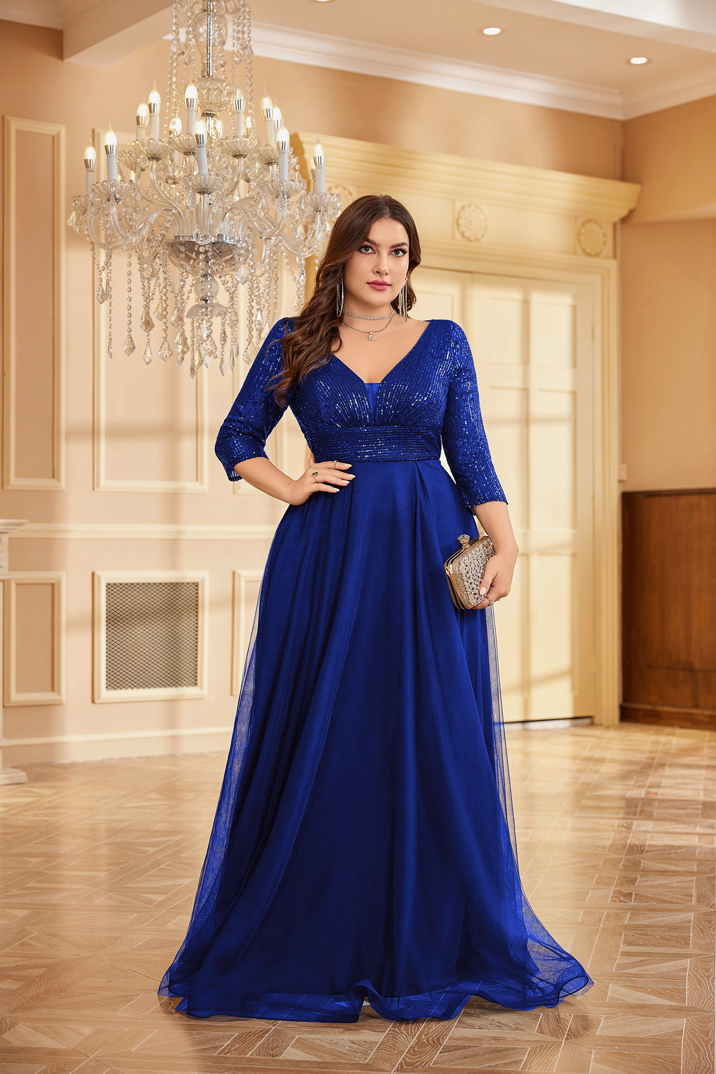 Plus Size Elegant VNeck Sequin Evening Dress | XUIBOL