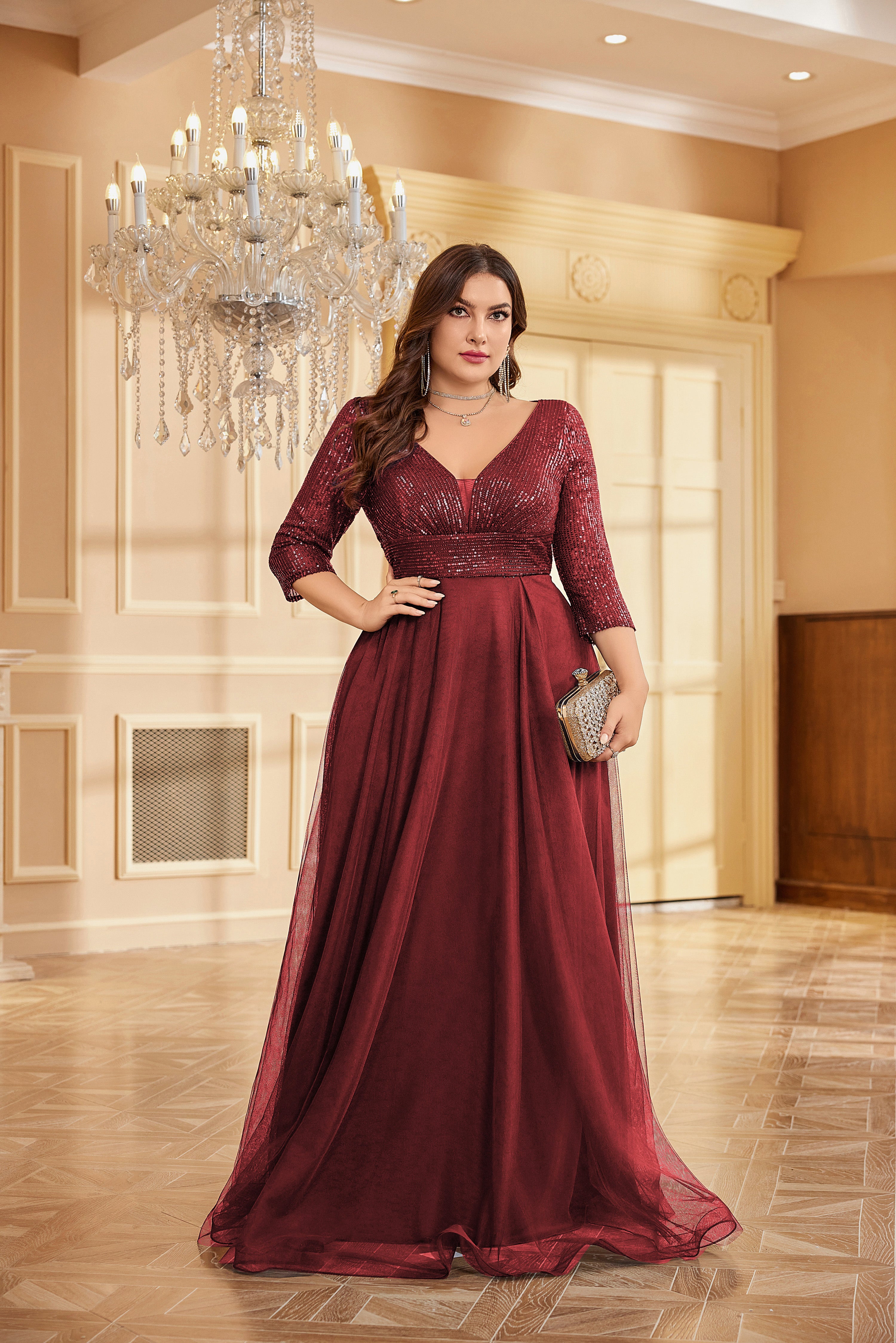 Plus Size Elegant VNeck Sequin Evening Dress | XUIBOL