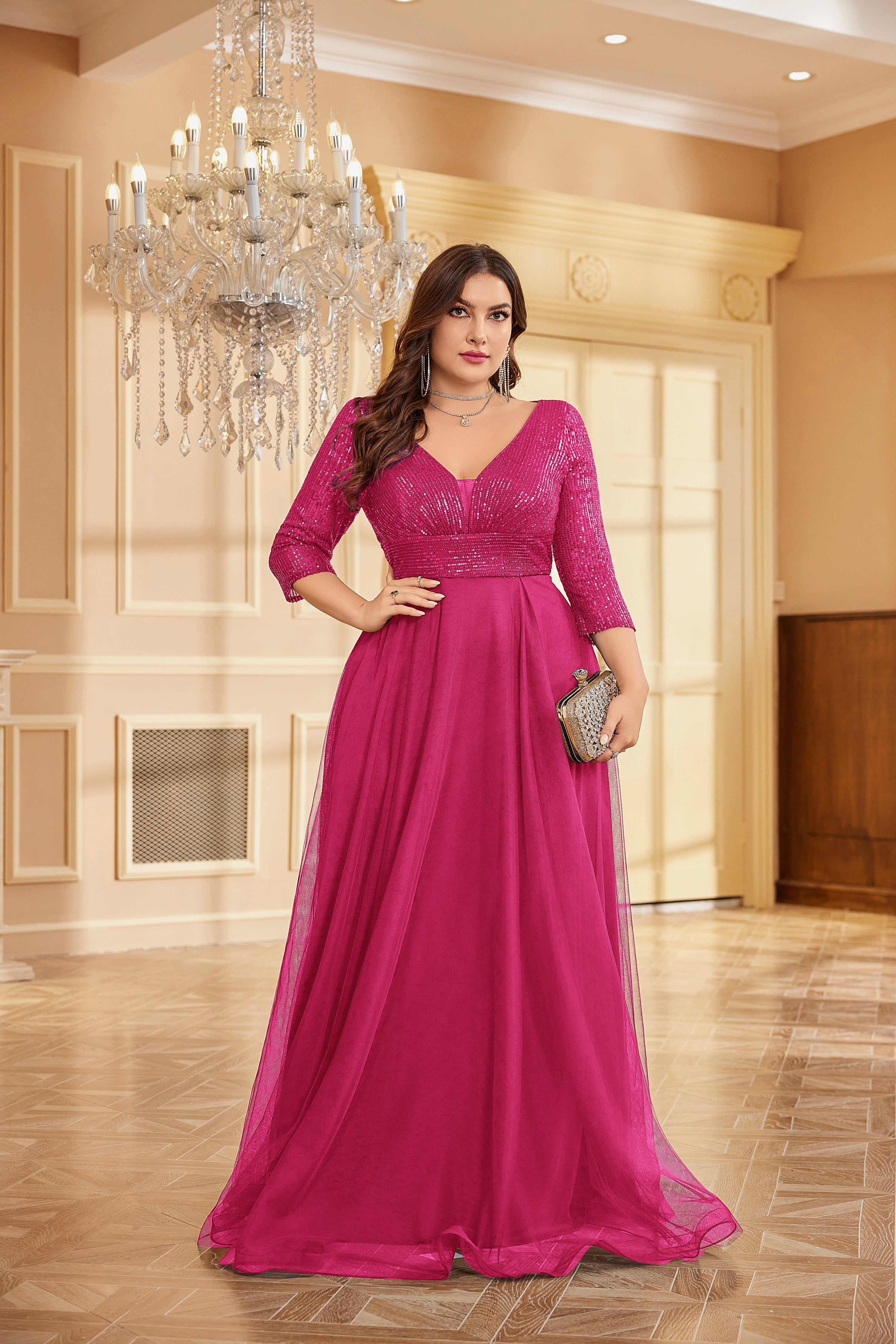 Plus Size Elegant VNeck Sequin Evening Dress | XUIBOL