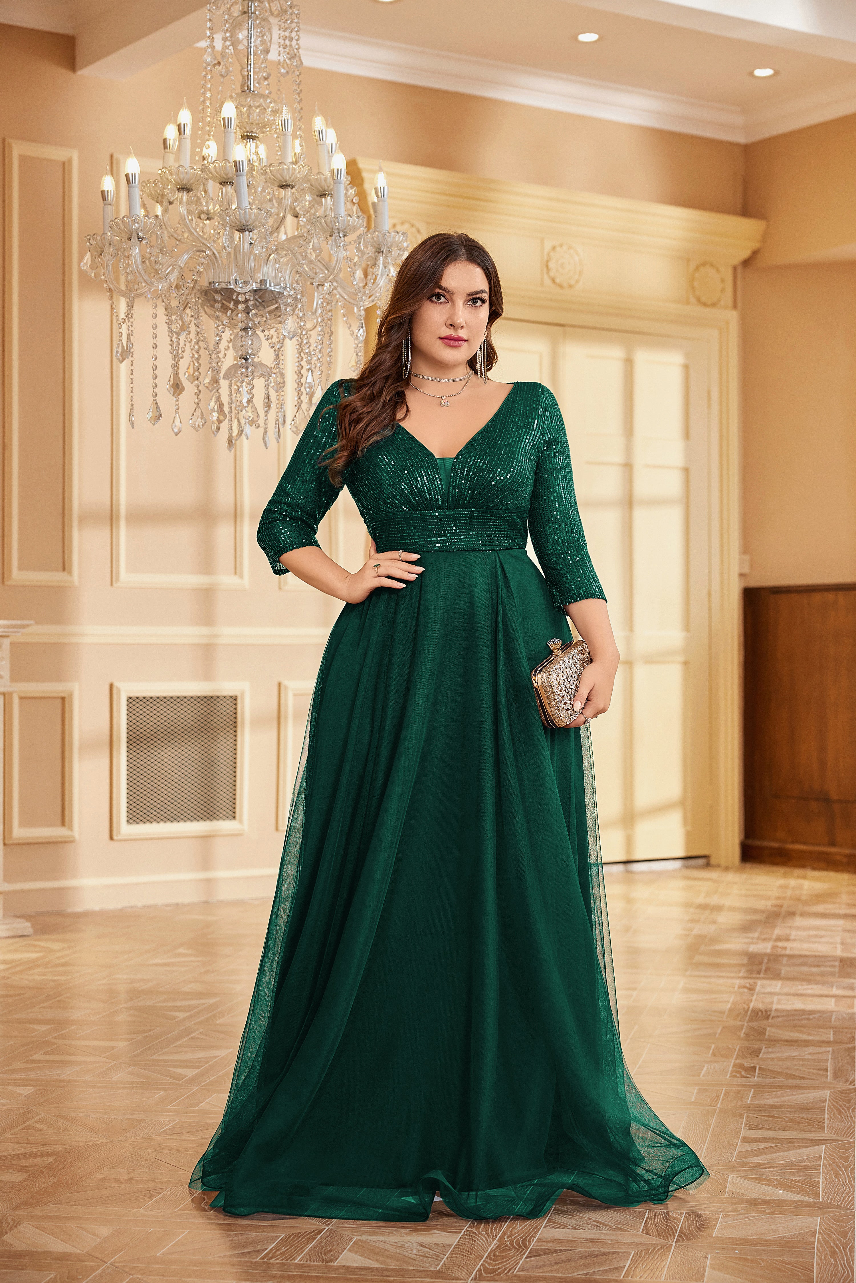 Plus Size Elegant VNeck Sequin Evening Dress | XUIBOL