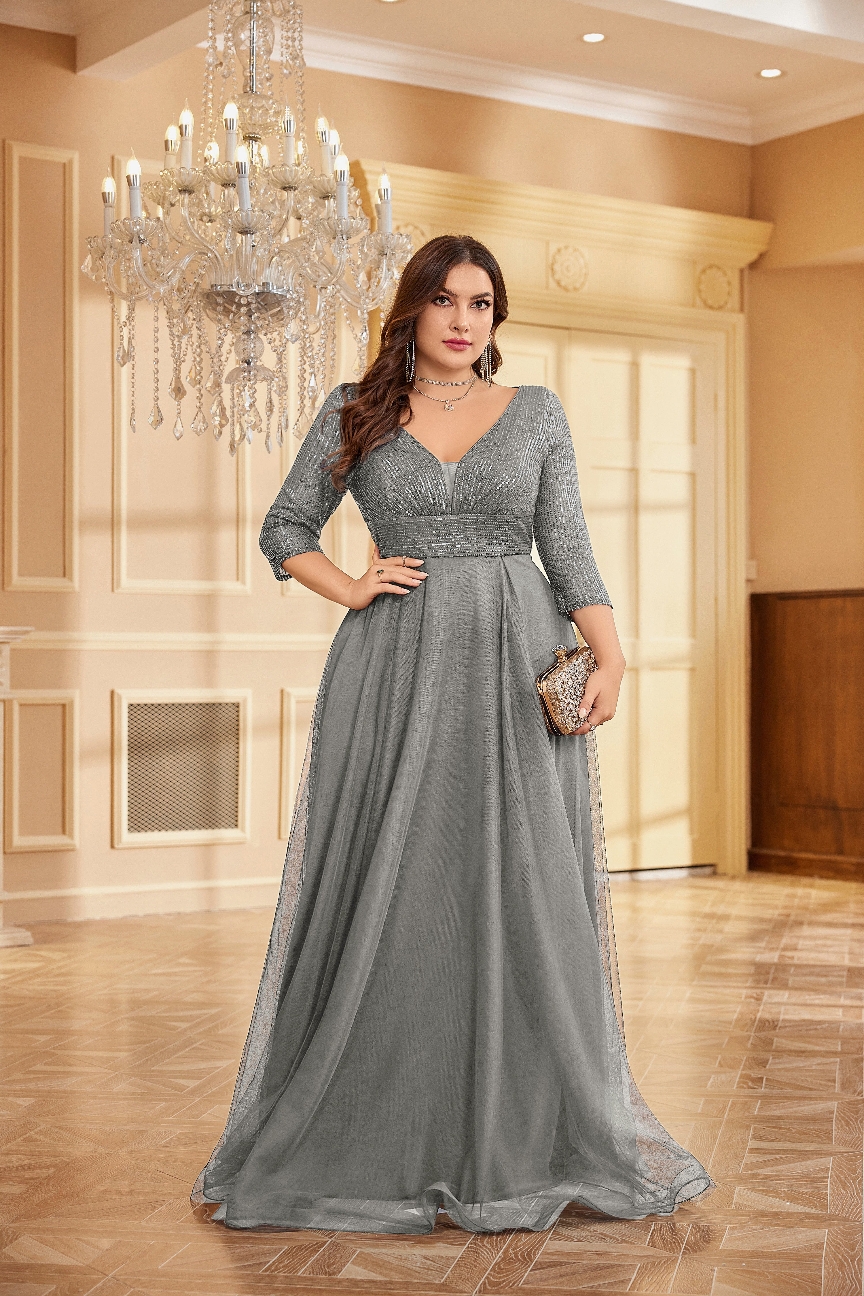 Plus Size Elegant VNeck Sequin Evening Dress | XUIBOL