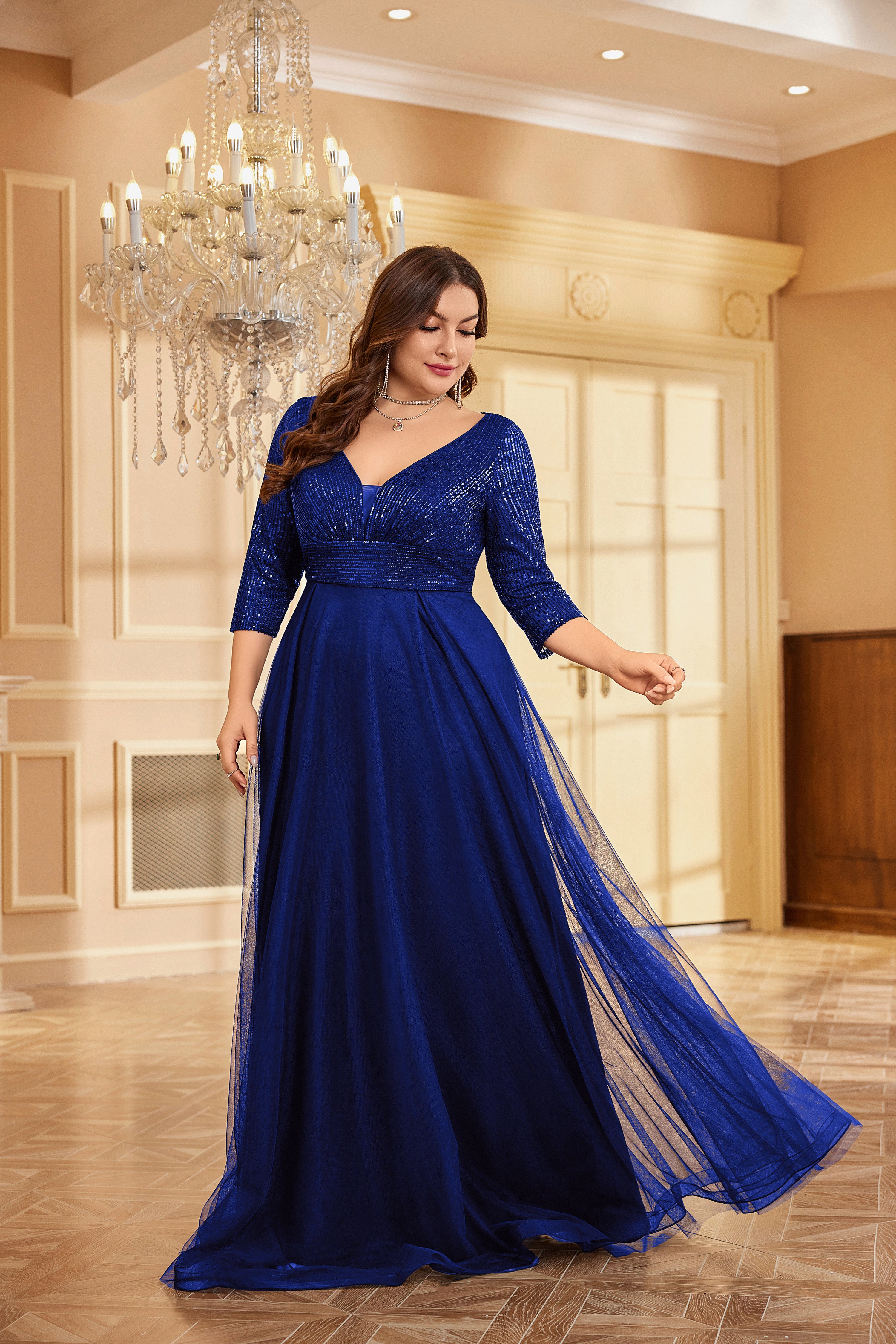 Plus Size Elegant VNeck Sequin Evening Dress | XUIBOL