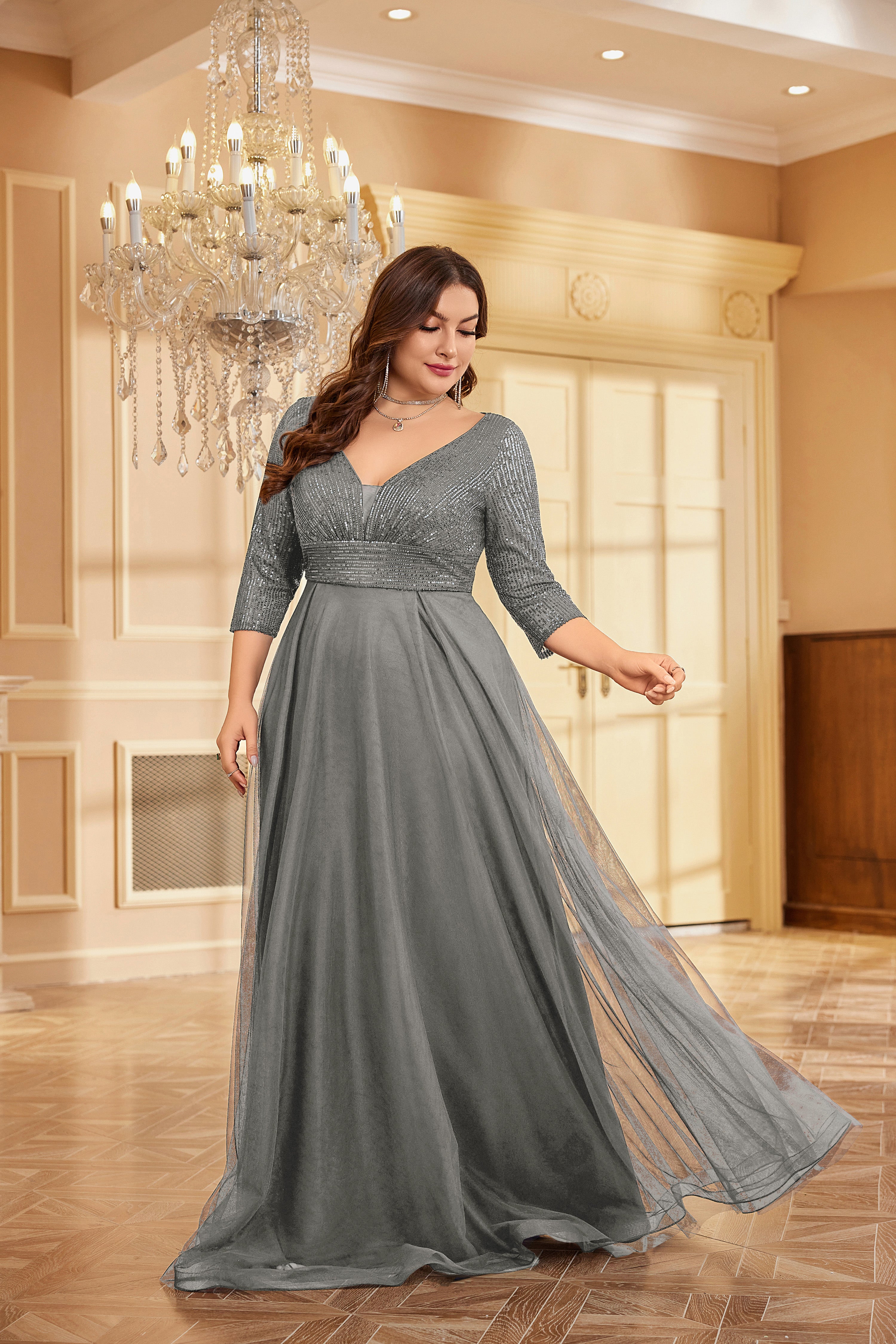 Plus Size Elegant VNeck Sequin Evening Dress | XUIBOL