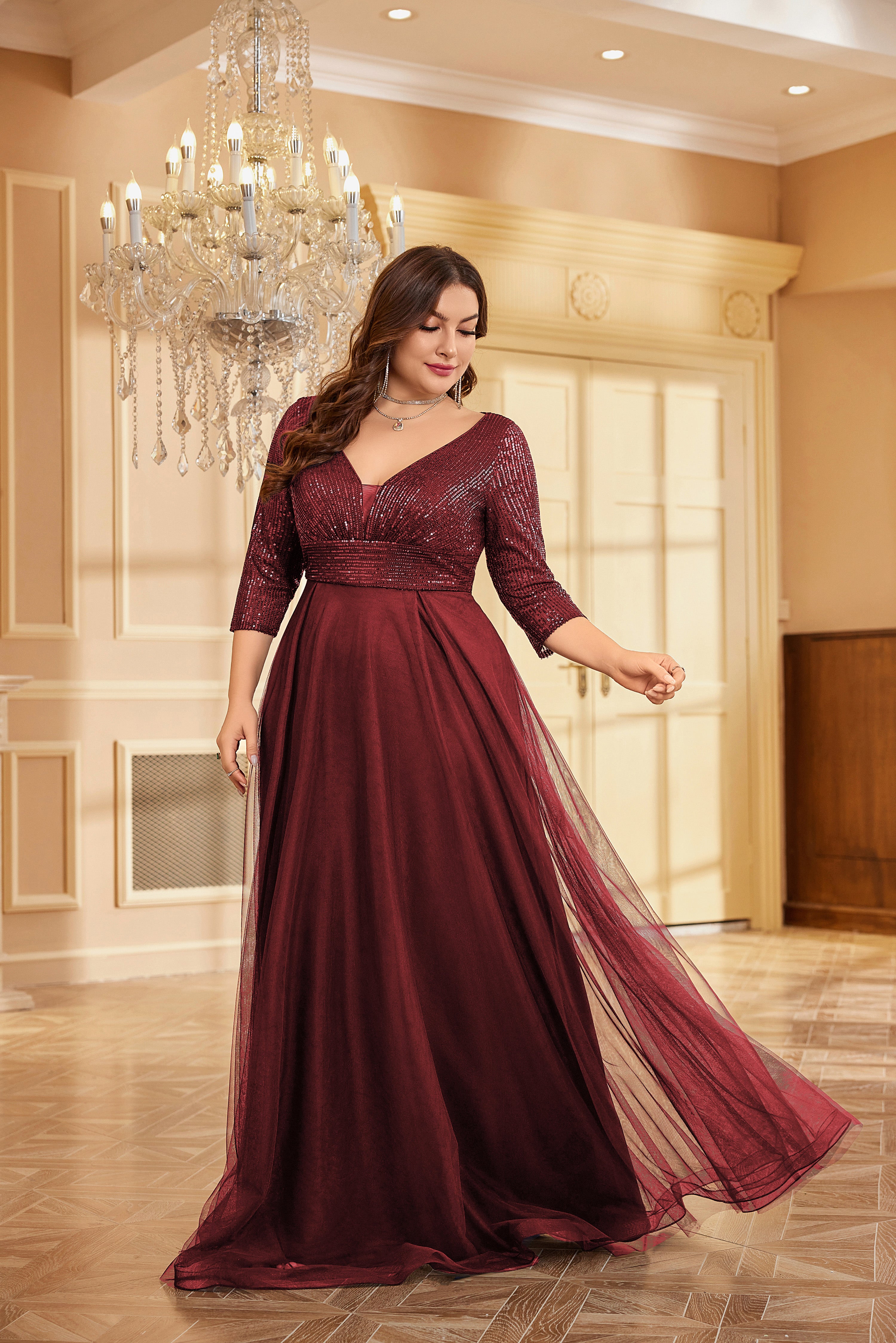 Plus Size Elegant VNeck Sequin Evening Dress | XUIBOL