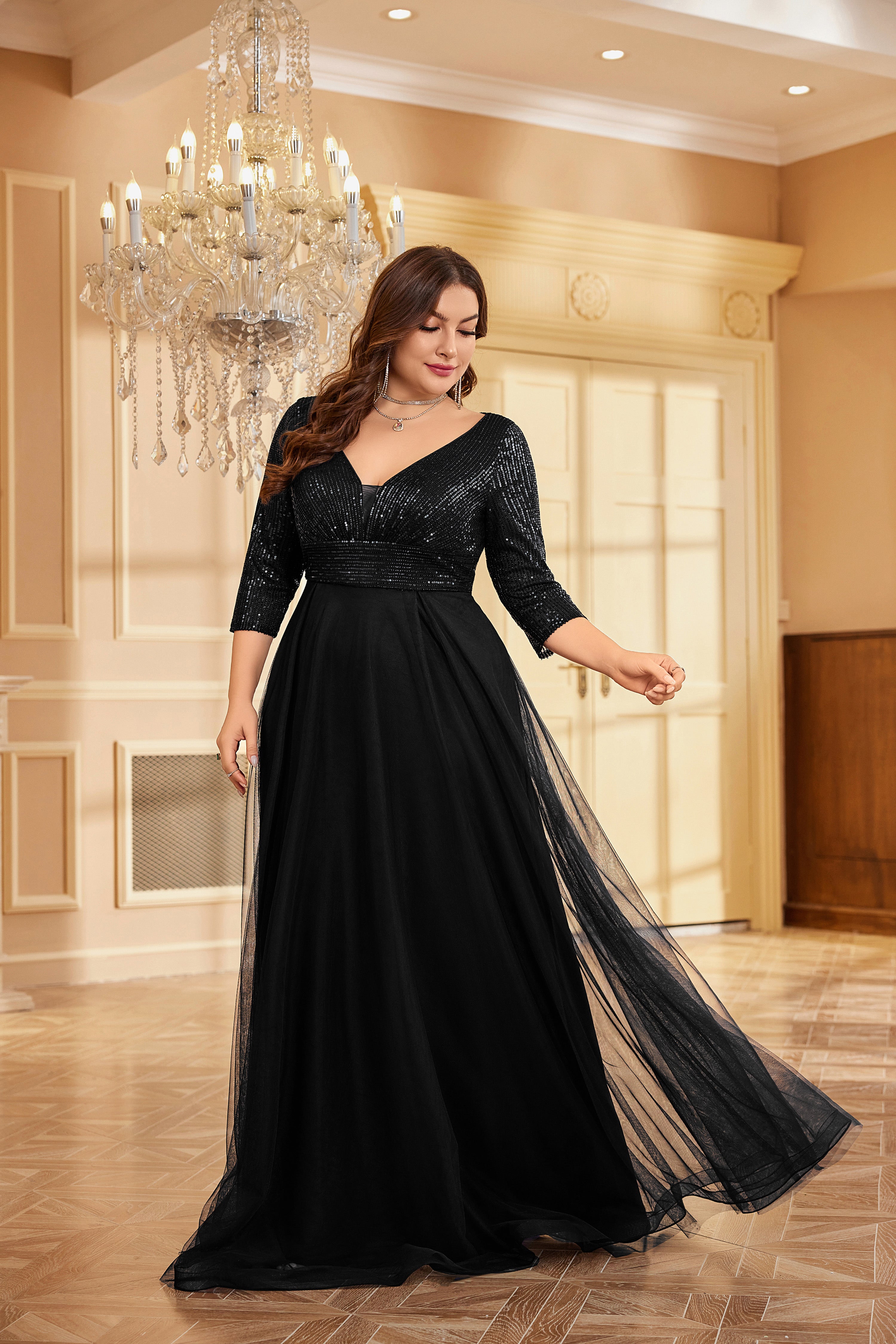 Plus Size Elegant VNeck Sequin Evening Dress | XUIBOL