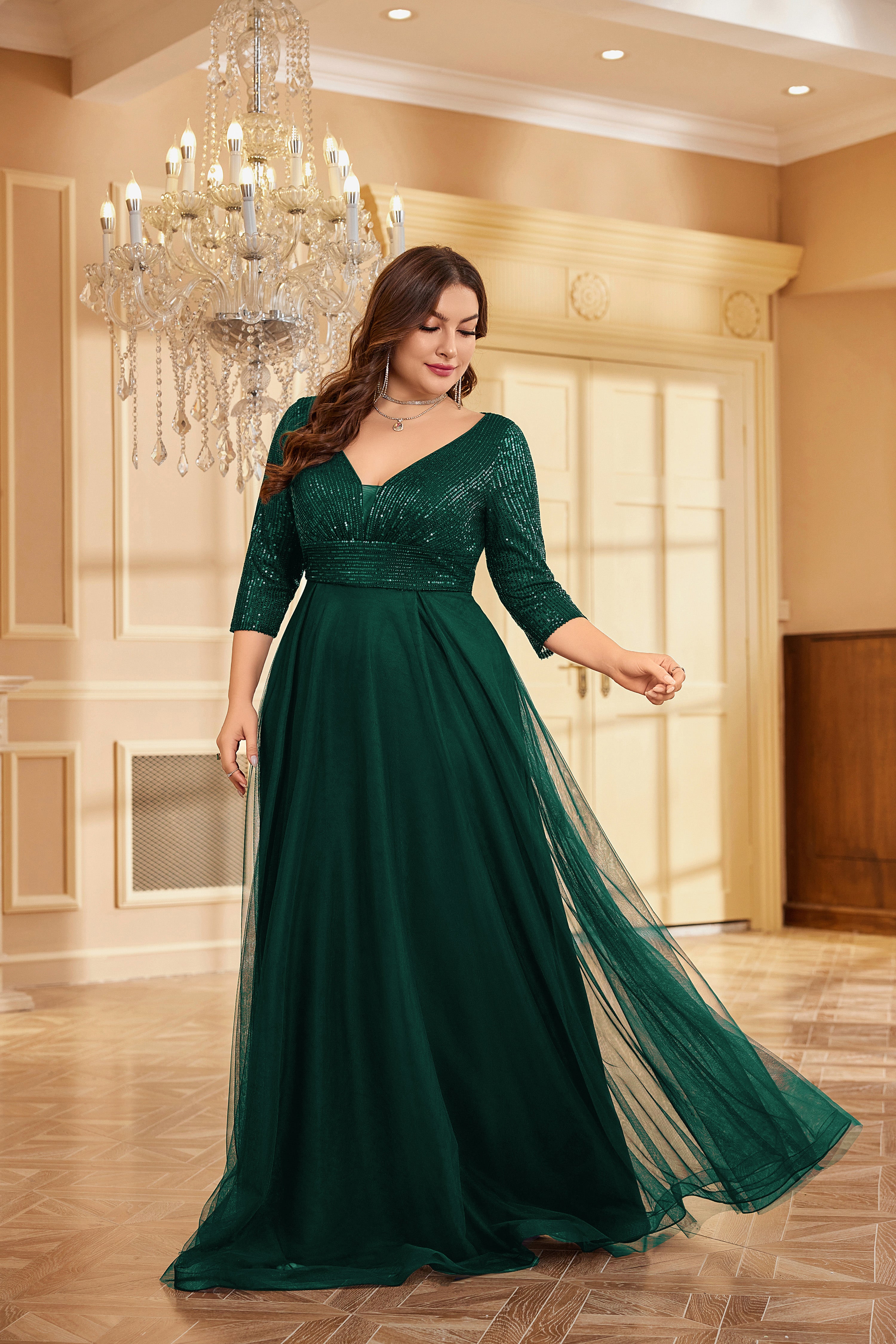 Plus Size Elegant VNeck Sequin Evening Dress | XUIBOL